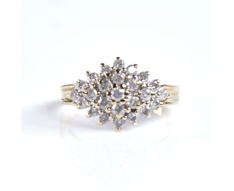 A modern 9ct gold diamond cluster lozenge ring, total diamond content approx 0.5ct, setting height 11mm, size J, 2.8gExcellen