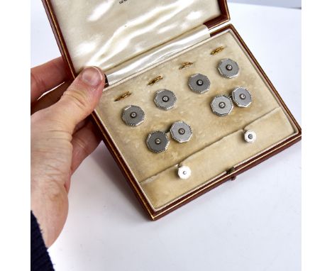 An early 20th century Art Deco set of 18ct white gold and diamond octagonal panel dress set, comprising pair of cufflinks, 4 