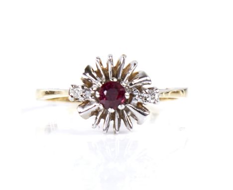 A late 20th century 18ct gold ruby and diamond dress ring, set with round cut ruby and single-cut diamonds, setting height 9.