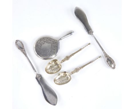 Various silver, including a miniature engraved silver hand mirror by Adie & Lovekin Ltd, hallmarks Chester 1922, silver anoin