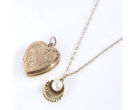 A 9ct gold heart-shaped locket pendant, and a 9ct pearl pendant necklace on a 9ct chain, heart pendant height excluding bale 