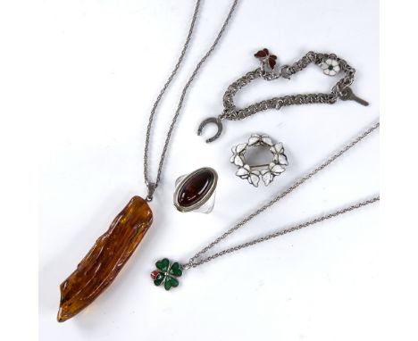 Various Danish silver jewellery, including white enamel butterfly brooch by Volmer Bahner, Baltic amber pendant necklace, bra