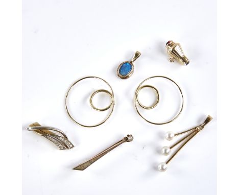 Various Danish 14ct gold jewellery, including black opal pendant, pearl brooch, pair of hoop earrings etc, opal pendant heigh