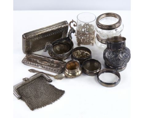 Various silver and unmarked white metal, including Norwegian silver Viking design salt cellar, silver dressing table jar tops