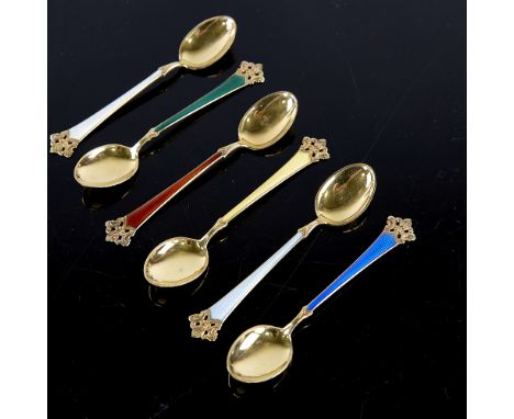 THEODORE OLSENS EFTF - a set of 6 Vintage Norwegian stylised vermeil sterling silver and harlequin enamel coffee spoons, spoo