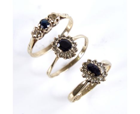 3 late 20th century 9ct gold sapphire and diamond rings, sizes K x 2, and L, 3.8g total (3)All in good original condition, al