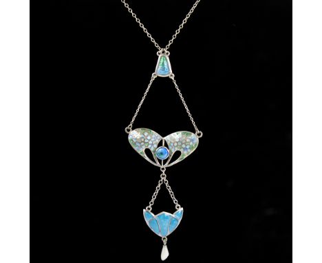 An Edwardian Art Nouveau silver and peacock enamel lavaliere pendant necklace, main openwork pendant suspending an enamelled 