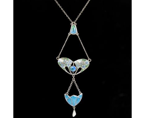 An Edwardian Art Nouveau silver and peacock enamel lavaliere pendant necklace, main openwork pendant suspending an enamelled 