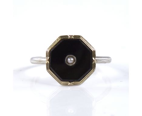 An early 20th century unmarked silver onyx and split pearl dress ring, set with octagonal-cut onyx, setting height 12.4mm, si