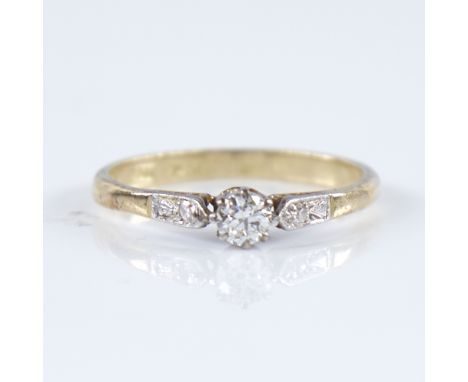 A mid-20th century 18ct gold 0.2ct solitaire diamond ring, platinum-top settings with central round brilliant-cut diamond and