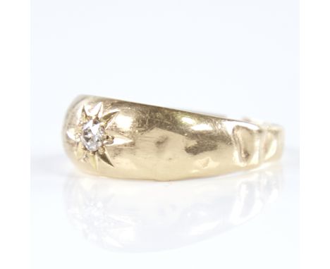 An early 20th century 18ct gold solitaire diamond gypsy ring, old European-cut diamond approx 0.15ct, hallmarks Chester 1907,