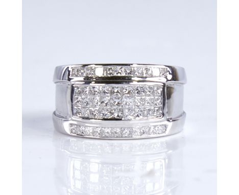 A large heavy modern 18ct white gold diamond cluster ring, set with Princess-cut diamonds, total diamond content approx 2.4ct