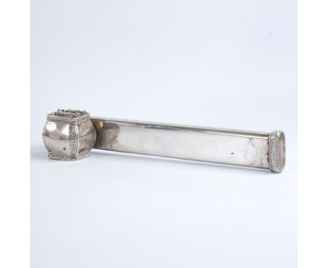 A heavy Persian silver scribe's travelling pen box and inkwell (qalamdan), engraved foliate decoration with slide catch locki
