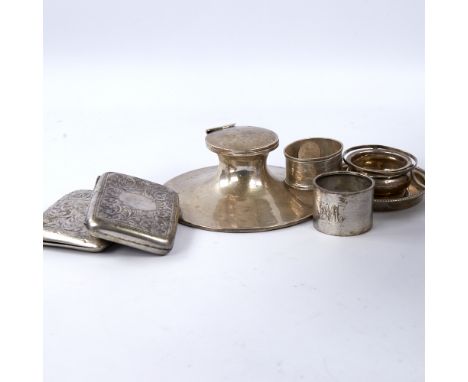 Various silver, including Capstan inkwell, 2 cigarette cases, napkin rings etc, 5.7oz weighable (7)Lot sold as seen unless sp