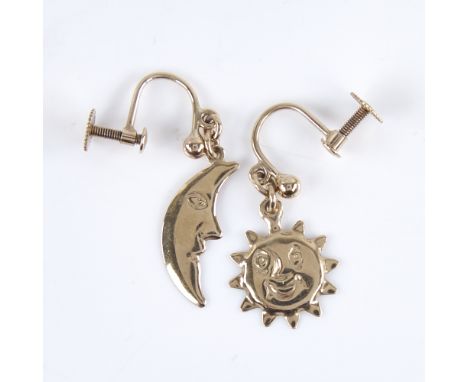 A pair of Vintage 9ct gold figural sun and moon earrings, screw-back settings, earring height 25.9mm, 1.6g totalBoth in very 