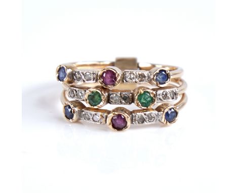 An unmarked gold ruby emerald sapphire and diamond stacking ring, formed as 3 separate articulating bands, tests as 9ct, over