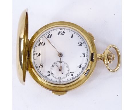 An early 20th century Swiss 18ct gold full hunter repeater chronograph pocket watch, by Volta, white enamel dial with Breguet