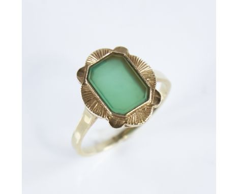 A late 20th century Chinese 14ct gold chalcedony dress ring, setting height 16mm, size Q, 4.2gExcellent original condition, s