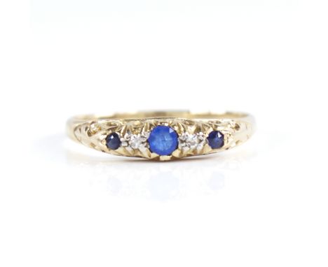 A 19th century 18ct gold graduated 5-stone blue glass sapphire and diamond half hoop ring, setting height 4.4mm, size T, 3.6g