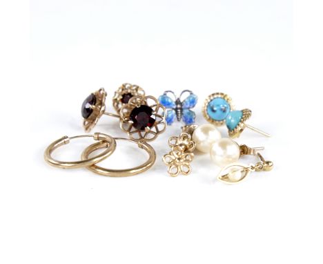 Various jewellery, including pair of unmarked gold garnet earrings, gold-filled hoop earrings, 9ct pearl stud earrings, silve