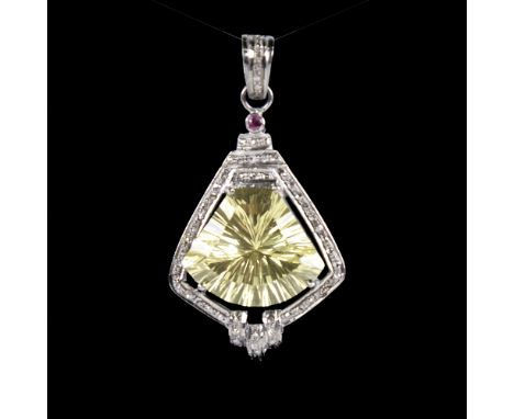 A modern unmarked silver citrine diamond and ruby pendant, set with 15ct fantasy-cut citrine rose-cut diamonds and round ruby