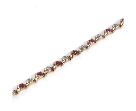 A modern 9ct gold ruby and diamond line bracelet, bracelet width 3.8mm, bracelet length 18cm, 5.6gVery good original conditio