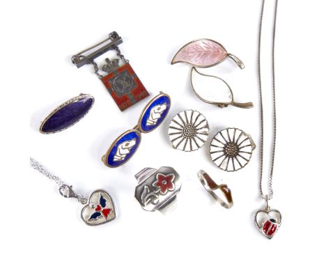 Various Danish jewellery, including Georg Jensen Kingmark badge, pair of Meka enamel leaf clip earrings, Anton Michelsen dais