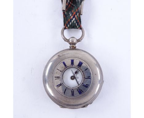 A late 19th/early 20th century Swiss silver half hunter key-wind pocket watch, white enamel dial with black Roman numeral hou