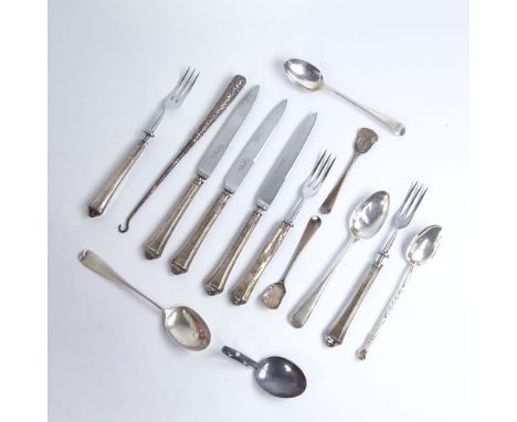 Various silver cutlery, including Georgian and Victorian teaspoons, 3-place setting of silver-handled dessert knives and fork