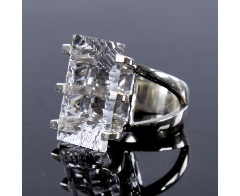 A modern handmade sterling silver and fantasy-cut rock crystal dress ring, hallmarks London 2019, crystal length 24.8mm, size