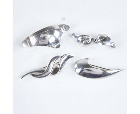 4 Vintage Danish stylised silver brooches, makers include Hugo Grun, Jens Johs Aagaard etc, largest length 58mm, 30.6g total 