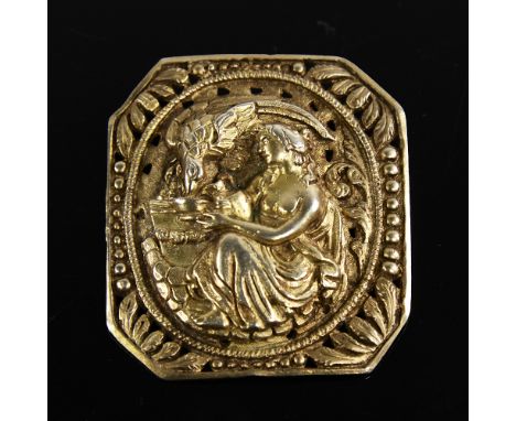 A large 19th century unmarked silver-gilt brooch, depicting Hebe the Greek Goddess of Youth feeding the eagle Zeus, in pierce