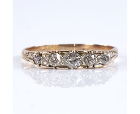 An early 20th century 18ct gold graduated 5-stone diamond half hoop ring, total diamond content approx 0.4ct, setting height 