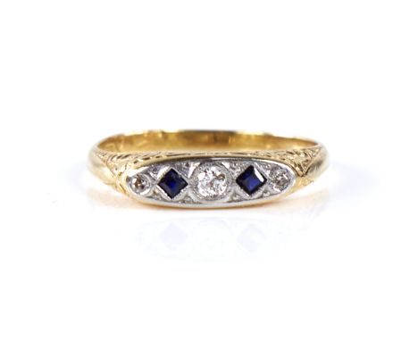 An early 20th century 18ct gold graduated 5-stone sapphire and diamond half hoop ring, set with round brilliant and single-cu