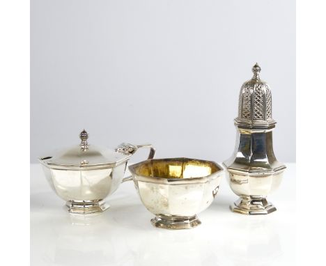 An Elizabeth II silver 3-piece cruet set, comprising baluster pepperette, mustard pot and salt, plain octagonal form, by Mapp