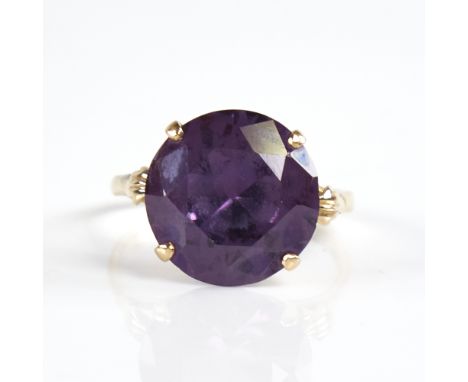 A late 20th century 18ct gold synthetic sapphire dress ring, sapphire diameter 14.6mm, size S, 6gGood overall condition, sapp