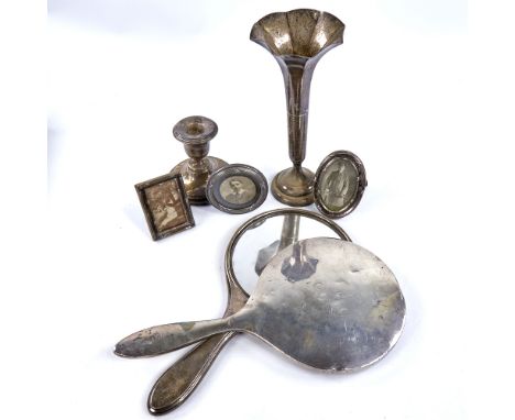 Various silver, including a fluted flower bud vase, 2 dressing table hand mirrors, silver-fronted photo frames etc, vase heig