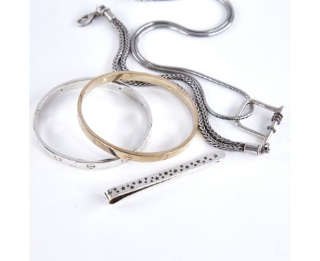 Various Danish sterling silver jewellery, including pendant necklace, tie clip, bracelet and a pair of Cartier style bangle, 