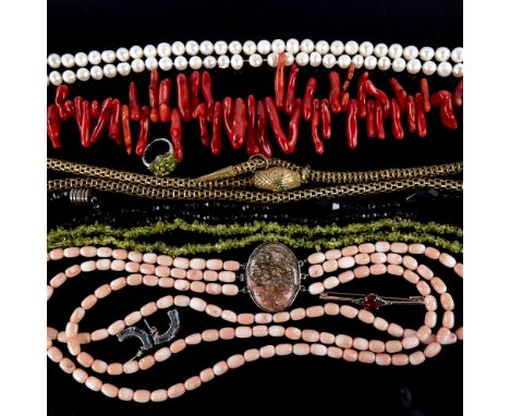 Various jewellery, including 19th century gold plated snake necklace, silver stone set jewellery, jet necklace, coral necklac