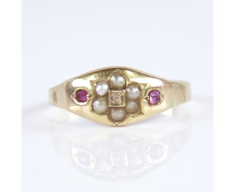 A 19th century 15ct gold ruby split-pearl and diamond ring, set with central rose-cut diamond within split-pearl floral surro