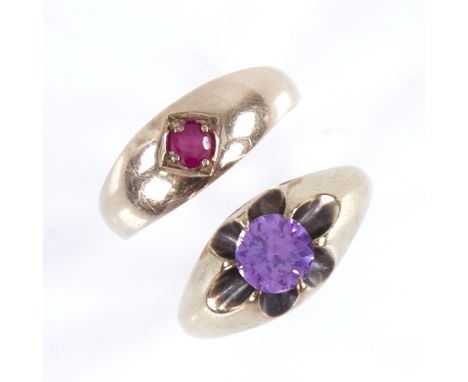 A Scandinavian 14ct gold ruby gypsy ring, setting height 7.5mm, size O, and an unmarked gold purplish pink sapphire? gypsy ri