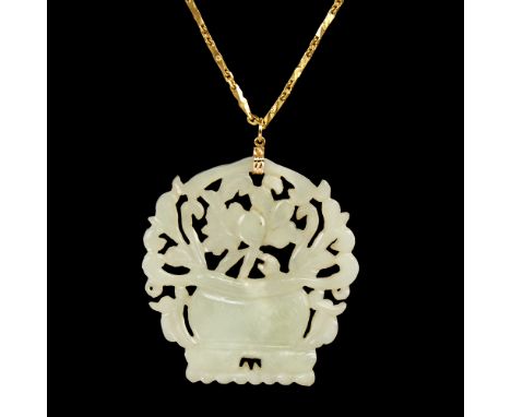 A Chinese carved and pierced jade basket of flowers pendant necklace, on a Chinese high carat gold faceted bar link chain, pe