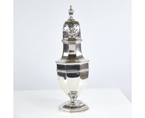 A large Edwardian silver baluster sugar caster, hexagonal form with urn finial, by John Round & Son Ltd, hallmarks London 190