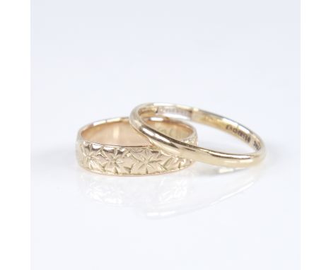 2 9ct gold wedding band rings, including 19th century floral engraved example, band widths 5mm and 2.5mm, size N/O and U resp