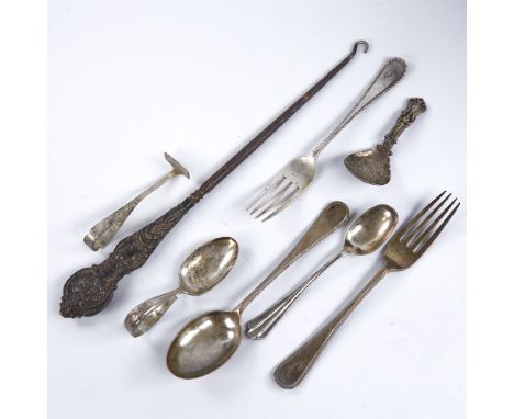 Various silver, including Victorian tea caddy spoon, spoon and fork set, silver-handles button hook etc, 5.4oz weighableLot s