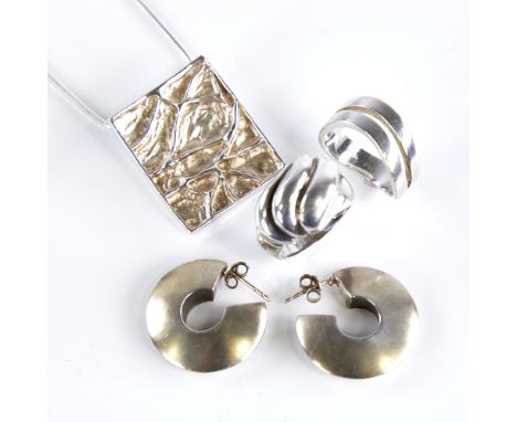 Various Vintage Danish stylised sterling silver jewellery, comprising pendant necklace by N O Andersen, fold ring by Hermann 
