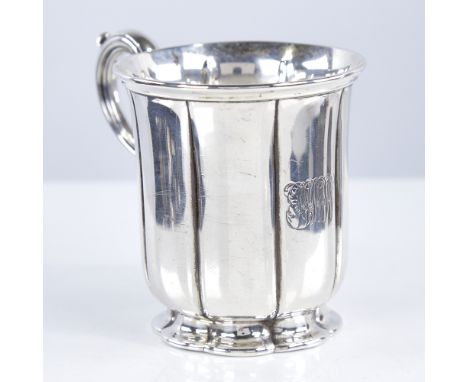 A Victorian silver christening mug, cylindrical pumpkin form with scrolled acanthus leaf handle, by Edward and John Barnard, 