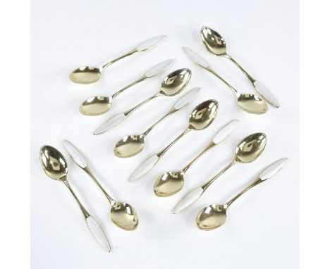 FRIGAST - a set of 12 Vintage Danish vermeil sterling silver and white enamel coffee spoons, spoon length 9.5cm, 3.6oz total 
