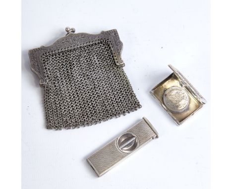 Various silver, including early 20th century vinaigrette design pillbox, German silver cigar cutter and French silver evening