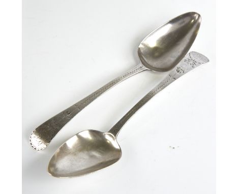 A pair of George III silver Old English pattern tablespoons, bright-cut engraved handles, maker's marks IF, hallmarks London 